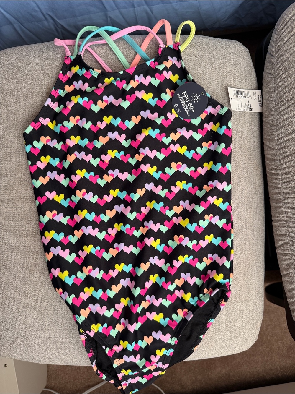 Gymboree Black Girls' Tank Swimsuit with Neon Heart Print